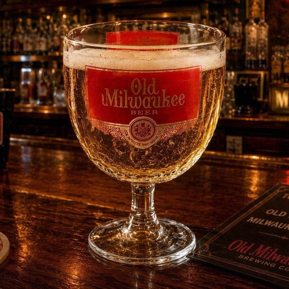 Vintage Old Milwaukee Beer Goblet Glass Schlitz Brewing Co Red Logo Barware USA